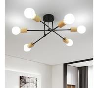 Comely Lámparas de Techo Industrial, 6 Luces E27 Plafon de Techo Negro, Lámparas de Araña 180° Forma Ajustable para Dormitorio Sala de Estar Salon Pasillo, Metal y Madera