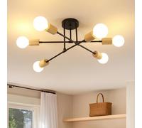 Comely Lámparas de Techo Industrial, 6 Luces E27 Plafon de Techo Negro, Lámparas de Araña 180° Forma Ajustable para Dormitorio Sala de Estar Salon Pasillo, Metal y Madera