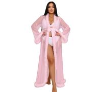 comeondear Bata Larga Manga Mujer Vestido Plumas Kimono Largo Albornoz Talla Grande Malla Ropa Interior Bata con Cinturón Lencería de Tul Camisón de Dormir Chemise de Nuit(Rosa,XS-S)