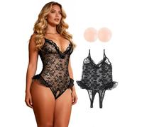 comeondear Body Sexy de Encaje Mujer Abierto Conjunto Sexy Lenceria Picante Escote en V Profundo Ropa Interior Abierta Talla Grande Lingerie Sin Espalda con Pezoneras Silicona (En Caja) Negro,XXL