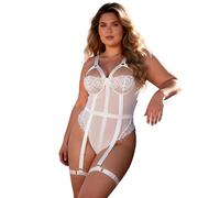comeondear Body Sexy Mujer Encaje Talla Grande Body Lenceria Transparente con Ligueros Hot Conjunto de Lenceria Sin Mangas Babydoll Tirantes Sexy Lingerie for Women Ropa Interior Blanco,XL-XXL