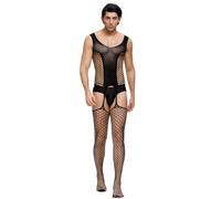 comeondear Bodystocking para Hombre Sexy Talla Grande Body Encaje Sin Mangas Bodysuit Transparente Mesh Lencería Abierto Ropa Interior Jumpsuit Clubwear Negro,L-XXL