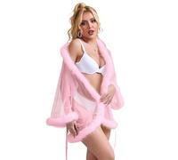 comeondear Lencería Sexy Mujer Talla Grande Kimono Manga Larga Bata Plumas Babydoll con Cinturón Vestido Albornoz Corto Malla Camisón Sexy Lingerie for Women Sleepwear Rosa,M-L