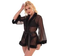 comeondear Lencería Sexy Mujer Talla Grande Kimono Manga Larga Bata Plumas Babydoll con Cinturón Vestido Albornoz Corto Malla Camisón Sexy Lingerie for Women Sleepwear Negro,XS-S