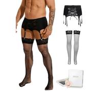 comeondear Liguero para Hombre con Medias de Rejilla, Arnés Sexy con Encaje y Tirantes Cruzados, 6 Ligas Ajustables para Medias, Lencería Masculina Sissy Estilo Gótico Tallas Grande(En Caja) Negro,L