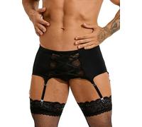 comeondear Liguero para Hombre Sexy con Encaje y Tirantes Cruzados, Arnés Ajustable de Cintura Baja con 6 Ligas para Medias, Lencería Masculina Sissy Abierto Estilo Gótico Tallas Grandes