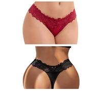 comeondear Mujer Tanga de Encaje Sexy Bragas sin Costuras Talla Grande Braguitas Brasileños Elástica Slip Hipster Cintura Baja Sexy Femenina Ropa Interior Thong Transpirable 2 Piezas Negro+Rojo,XS-S