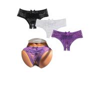 comeondear Tanga Abierto Mujer de Encaje Bragas Brasileñas Mujer Talla Grande Transparente Tanga Ouvert Bragas Abiertas Cintura Baja Ropa Interior Elásticos Slip Thong 3-Negro+Blanco+Morado,S
