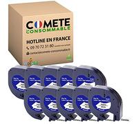 ● Cometa Consumible® France Pack de 10 rollos ● 91201-S0721610 ● 12 mm x 4 m Negro sobre Blanco Compatible Premium para Dymo LetraTag LT-100H LT-100 Series LT-100T QX 50 XM XR 2000