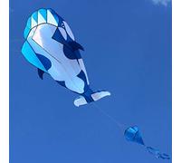 Cometa Grande con Forma de Delfín 3D, 120x215cm, Parapente Suave sin Marco con de Fácil Agarre, Carrete y Colas Largas para Volar en el Parque de la Playa (y Blanco)