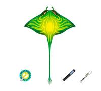 Cometa Manta Ray para Adultos, Cometa de una Sola línea con Carrete, fácil de Montar, Varilla de Fibra de Vidrio de Tela de Rejilla para Parque de Playa al Aire Libre(Green,String 984ft)