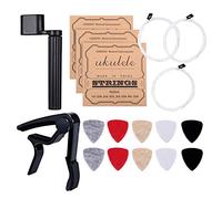 COMETX Kit de herramientas de fieltro suave para ukelele, 10 púas de fieltro suave (color al azar) 3 juegos de cuerdas (4 piezas/juego), 1 cejilla con clip, 1 bobinador de cuerdas para guitarra