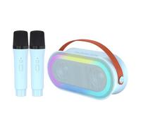 COMETX Mini máquina de karaoke, mini máquina de karaoke con 2 micrófonos inalámbricos, altavoz BT portátil, recargable, 10 W, luces LED de alta fidelidad, micrófono de mano, altavoz de karaoke,