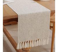 COMFEELING Camino de mesa rústico estilo granja, 13 x 72 pulgadas, color beige, bohemio, camino de mesa tejido de lino de arpillera para mesas de comedor, vacaciones, fiestas, Navidad, todos los días,