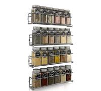 comforder Estantería de pared para especias, 4 estantes colgantes de metal para 24 tarros, 29 x 6 x 6 cm, incluye material de montaje para pegar o taladrar (plata)