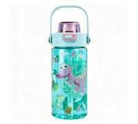 Comforso Botella de agua para niños de 600 ml con pajilla, botella de agua de dinosaurio para niñas y niños, tapa de bloqueo y asa a prueba de fugas, botella de agua para niños, sin BPA, para escuela