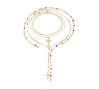 Comforso Juego de 4 collares de cruz dorada en capas para mujer, estilo bohemio con cuentas coloridas y cristal, colgante largo de rosario vintage, cadena de gargantilla ajustable