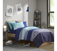 Comfort Spaces Juego de edredón Individual con sábanas, Juego de Ropa de Cama de 6 Piezas para Adolescentes, Juego de Ropa de Cama Individual de Rayas Azul Marino y Gris, Juego de Cama Individual