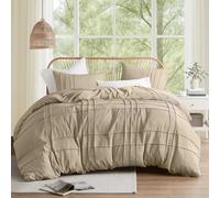 Comfort Spaces Khaki Cal King Size Duvet Cover Set - 3-pc Pintuck Pleated Duvet Cover, All Season Lightweight, Extra Softness Pre-Washed Microfiber Bed Cover Shams