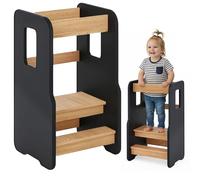 ComfortCove Torre de Aprendizaje, Torre Aprendizaje Montessori, Learning Tower Infantil, Taburete Montessori Ajustable de Madera, Altura Ajustable en 3 Niveles, Toddler Tower, Negro/Roble