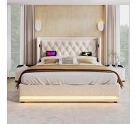 ComfortXL Cama con cabecero acolchado de 160 x 200 cm, colchón incluido, diseño hidráulico con almacenamiento, puerto USB tipo C e iluminación LED de 3 lados, tejido de algodón beige