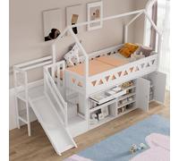 ComfortXL Cuna, cama individual, cama infantil multifuncional, con tobogán y escaleras, con cajones y taquillas, con puerta magnética, sin colchón, madera maciza, blanco, 90 x 2
