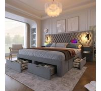 ComfortXL Juego completo de cama para dormitorio, cama doble tapizada de 160 x 200 cm, con 2 mesitas de noche y 4 cajones, cabecero de luz de lectura con función de carga USB, 243 x 211 x 106 cm