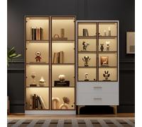 ComfortXL Moderno juego de salón: dos vitrinas de cristal blanco con iluminación LED y estantes ajustables, colores en platino - Aparadores, aparadores, vitrina de pie