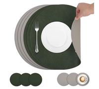 comfoyar Juego de 6 Manteles Individuales y Posavasos Doble Cara Verde Gris Redondo, Salvamanteles Individuales de Manteles Impermeables para Cocinas y Comedores Decoración de Mesas para Fiestas 33cm