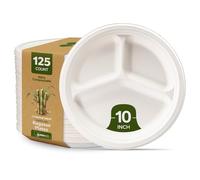 Comfy Package [10 Pulgadas - 125 Unidades Platos de Papel 100% Compostables con 3 Compartimentos, Platos Divididos Resistentes, Platos Desechables Biodegradables