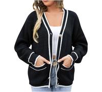 Comfy Sweater Women's Contrasting Button Deep V-Neck Double Side Straight Pockets Long Sleeve Knitted Cardigan Coat