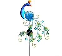 ComfyHarbor Luz solar decorativa de la estaca del jardín del pavo real, metal impermeable IP65 con el orbe brillante azul, elegante iluminación al aire libre del camino