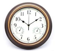 ComfyHarbor Reloj de pared de jardín de 12 pulgadas, con termómetro higrómetro, resistente a la intemperie, movimiento silencioso, diseño redondo clásico, decoración de patio (cobre rojo)