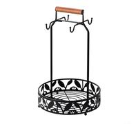 ComfyHarbor Soporte de metal para tazas de café con 4 ganchos, soporte para tazas de cocina con mango de madera, cesta de almacenamiento para cápsulas, bolsas de té, crema, organizador de secado para