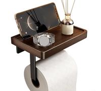 ComfyHarbor Soporte para papel higiénico con estante de madera de nogal, soporte de rollo de baño montado en la pared, acero al carbono resistente a la corrosión, almacenamiento para teléfono y