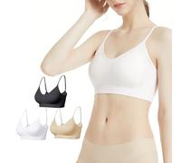 Comfyin Sujetador deportivo Sin acolchado para mujer, de Bustier, sin aros, 3 unidades, (Sin acolchado)negro+blanco+beige,L