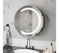 ComfyStyle Botiquín redondo de 24 pulgadas con luz negra brillante, espejo redondo LED de temperatura de color continuo con estantes ajustables, armario de baño moderno montado en superficie con marco