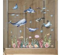 Comgooldool Marine Life Calcomanías estáticas para ventana, PVC de doble cara Sea World Ers para decoración del hogar, puertas de vidrio, criaturas subacuáticas azules modernas de 11.8 x 23.6 pulgadas