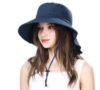 Comhats 100% algodón Slub Sombrero de sol para mujer plegable verano ala ancha protección UV con correa para la barbilla, sombrero de playa para exteriores, 1005_azul marino, 6 1/2 HS