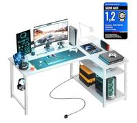 COMHOMA Escritorio de Juegos en Forma de L, Escritorio de Esquina con estantes de Almacenamiento, Mesa de Ordenador con Puerto de Carga USB y Toma de Corriente (Blanco-130cm)