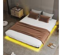 COMHOMA Marco de cama de metal, 135 x 200 cm, cama de invitados, estructura de metal, con LED y enchufes, cama juvenil, aplicación y mando a distancia, construcción estable con somier de láminas