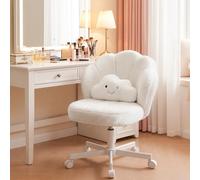 COMHOMA Silla de Escritorio con Forma de Pétalo y Ruedas, Silla de Maquillaje con Doble Respaldo y Cojín Nube, Altura Regulable y Giratoria, para Dormitorio y Home Office, Felpa Teddy, Blanco