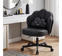 COMHOMA Silla de Escritorio con Forma de Pétalo y Ruedas, Silla de Maquillaje con Doble Respaldo y Cojín Nube, Altura Regulable y Giratoria, para Dormitorio y Home Office, Cuero PU, Negro