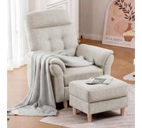 COMHOMA Sillón De Relax, Sillón Inclinable con Taburete, Respaldo 4 Niveles Ajustable, Bolsillo Lateral, Sillón Tapizado De Tela Individual para Salón, Dormitorio, Cine, Chenilla, Beige