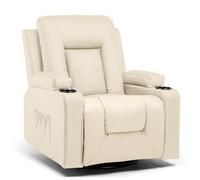 COMHOMA Sillón Reclinable con Respaldo y Reposapiés Ajustables, Silla Giratoria 360° con Portavasos y Bolsillos Laterales, Diseño Ergonómico con Soporte Corporal Completo, Cuero PU, Beige