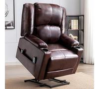 COMHOMA Sillón Reclinable Eléctrico Función de Elevación, Masaje y Diseño Ergonómico - Silla para Personas Mayores de Cuero PU con Respaldo y Reposapiés Ajustables, Marrón