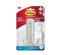 Command Gancho Grande Doble de Color Níquel Satinado para Baño, 1-Gancho, 2 TirasGrande Resistente al Agua - Sin Agujeros - Hasta 1,8 kg