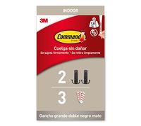 Command Gancho Grande Doble en Negro Mate, 2 Ganchos Metálicos y 3 Tiras Adhesivas - Colgador de Bolsos, Ropa, Sombreros en Pared o Puerta - Sin Agujeros