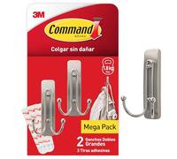 Command Gancho Grande Doble en Níquel, 2 Ganchos Metálicos y 3 Tiras Adhesivas - Colgador de Bolsos, Ropa, Sombreros en Pared o Puerta - Sin Agujeros