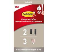 Command Gancho Mediano en Negro Mate, 2 Ganchos Metálicos y 3 Tiras Adhesivas - Colgador de Bolsos, Ropa y otros Accesorios en Pared o Puerta - Sin Agujeros